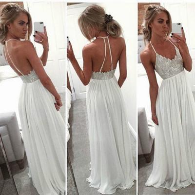 Ulass Cheap Simple Long Ivory Chiffon Lace Boho Bohemian Prom Dress Gowns Formal Evening Dresses Sexy Gown for Graduation