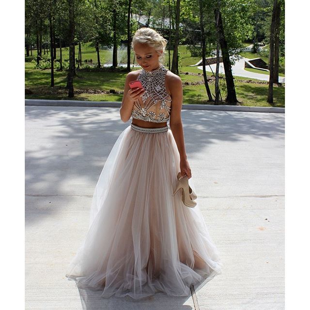 High Quality Two Pieces High Neck Beads Long Prom Dress Evening Dress With Open Rhinestone Tulle Prom Dresses