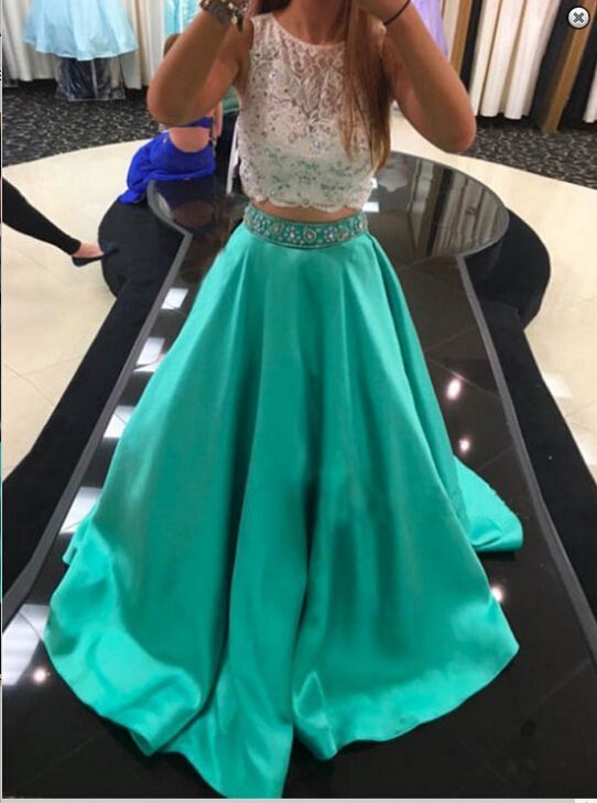 Mint Green Prom Dresses, 2 Piece Prom Gowns,2 Piece Prom Dresses,two Piece Prom Dress, Lace Prom Dresses,a-line Prom Gown,2016 Prom Dress