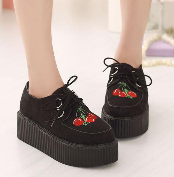 Cherry Embedded Leather Creeper Shoes