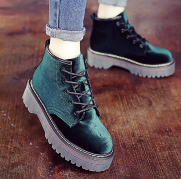 Velvet Ankle Boots with Thick Cleated Sole Platform