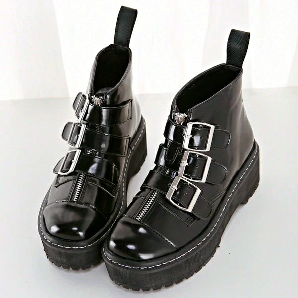 Black Faux Leather Combat Boots Featuring Buckle Straps And Zipper Detailing