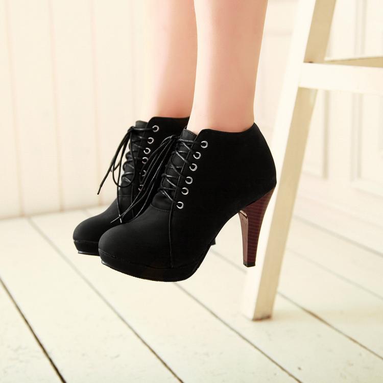 Round Toe Lace-up Ankle Boots with Angular High Heel