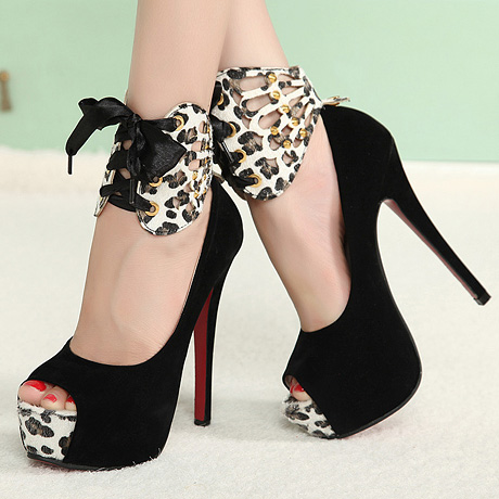 Ulass Sexy Peep toe Bow Embellished Black Leopard Print High Heels Shoes ST-131