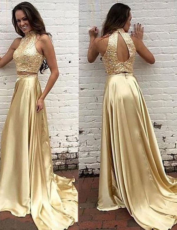 Ulass Two Piece High Neck Gold Prom Dress