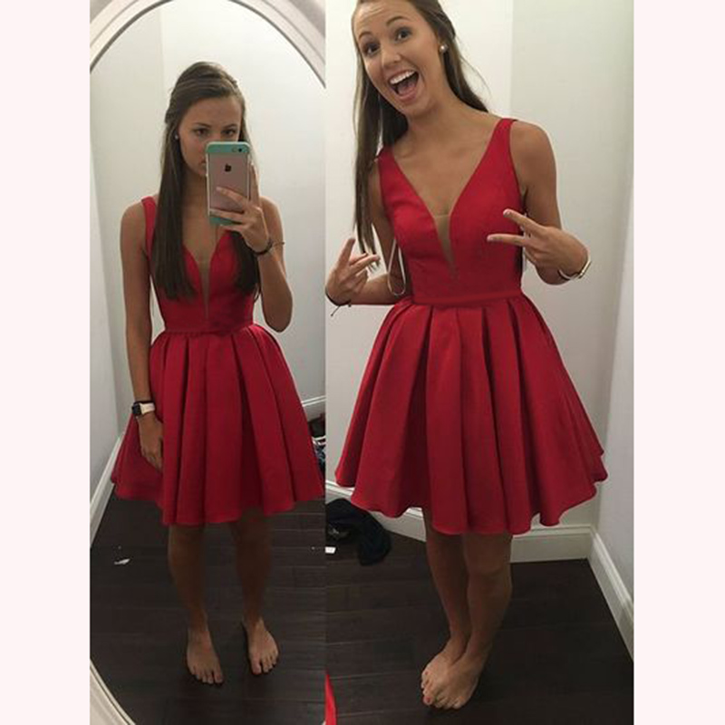 Ulass 2017 Homecoming Dresses,a-line Homecoming Dresses,red Homecoming Dresses, V-neck Homecoming Dresses,short Prom Dresses,party Dresses