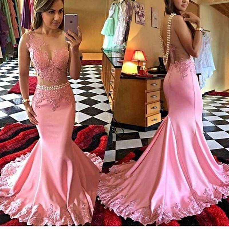 Ulass 2017 Sexy Prom Dresses,mermaid Prom Dresses,pink Prom Dresses,lace Appliques Prom Dresses,pearls Prom Dresses,evening Dresses,open Back