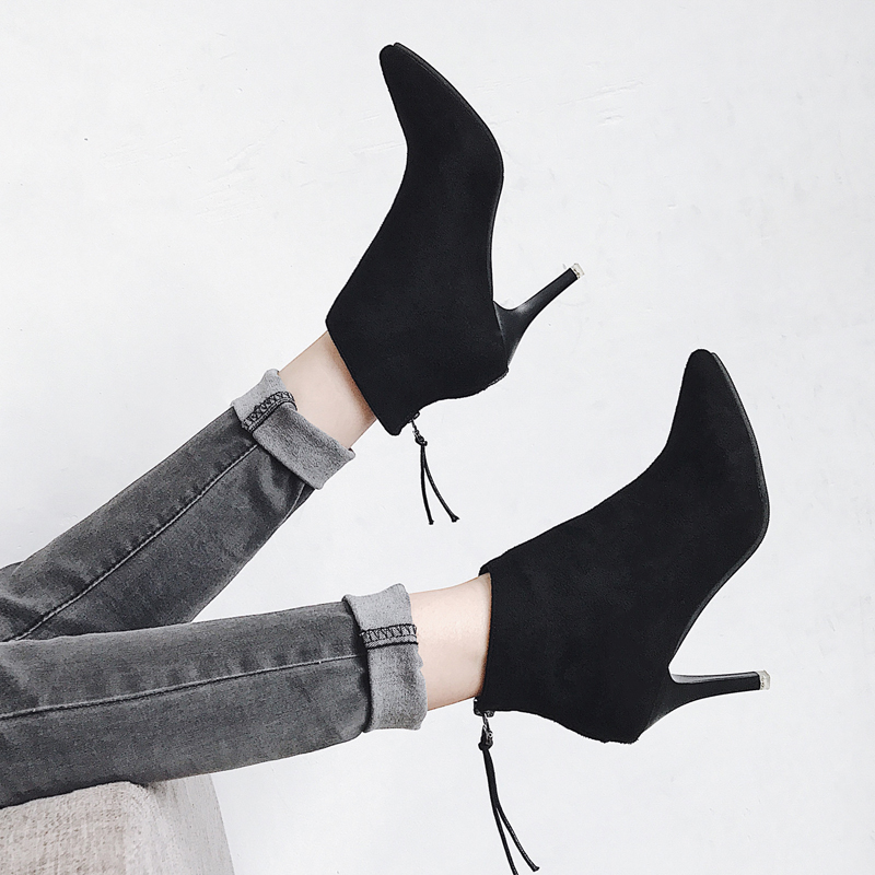 Black Faux Suede Pointed-toe High Heel Ankle Boots Featuring Zipper Back