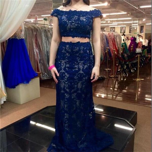 Ulass Cap Sleeves Two Pieces Blue Elegant Lace Most Popular Evening Cocktail Prom Dress