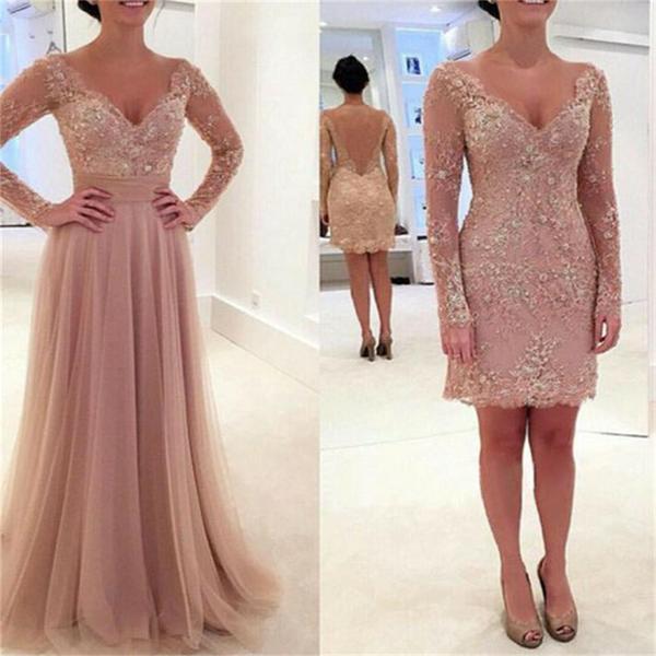 Ulass Charming Long Sleeve Lace Tulle Pink V-neck Sexy Prom Dresses 2017