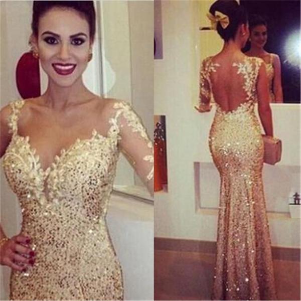 Ulass Gold Sexy Mermaid Elegant Party Cocktail Evening Long Prom Dresses Online