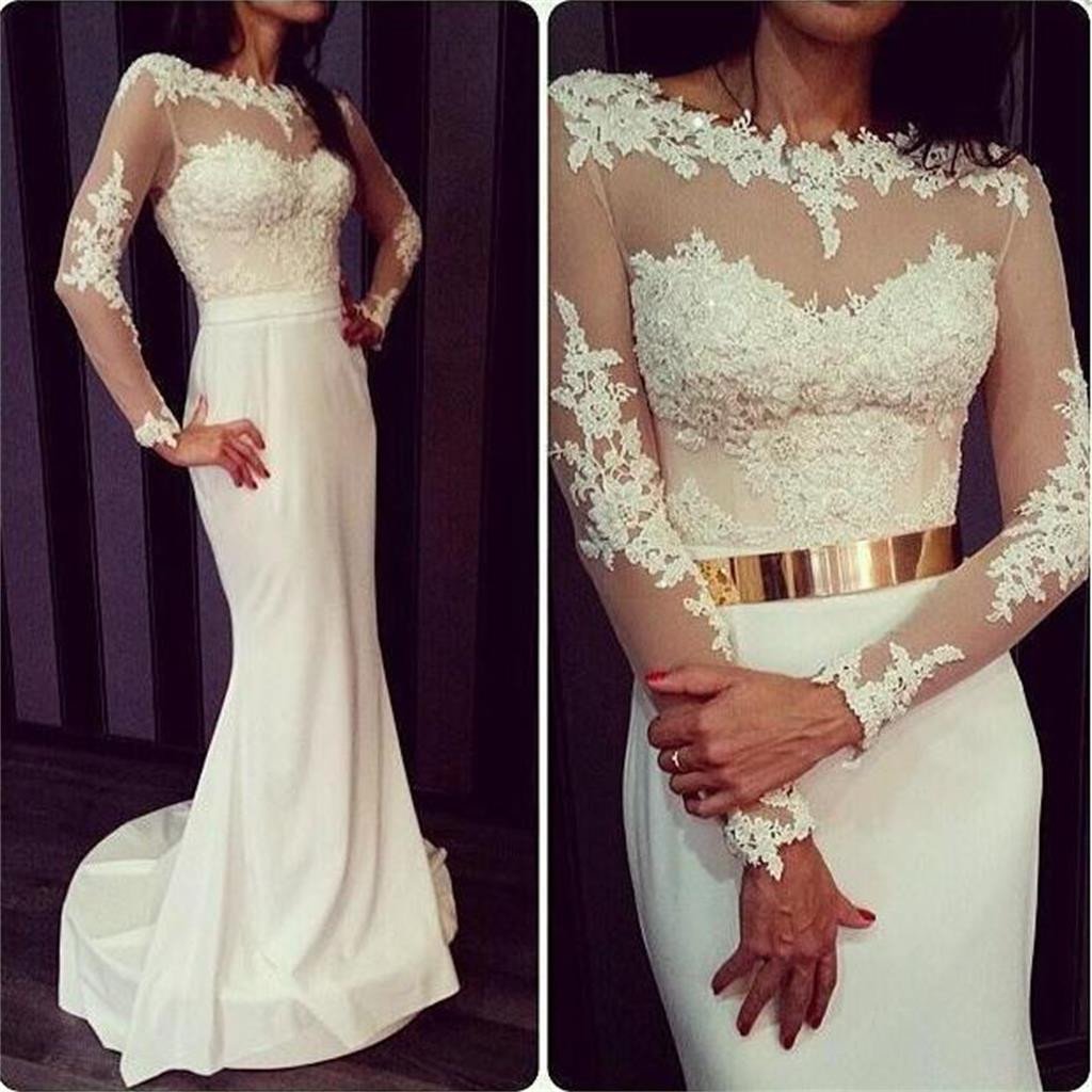 Ulass Newest White Long Sleeves Formal Sexy Charming Open Back Prom Dresses Online