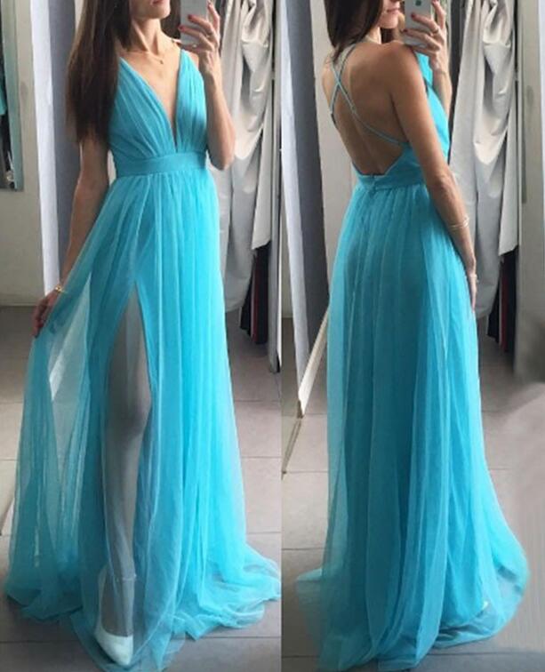 Ulass Blue Straps Prom Dresses ,deep V-neckline Slit Long Party Dresses, Blue Formal Gowns, Sexy Evening Dresses