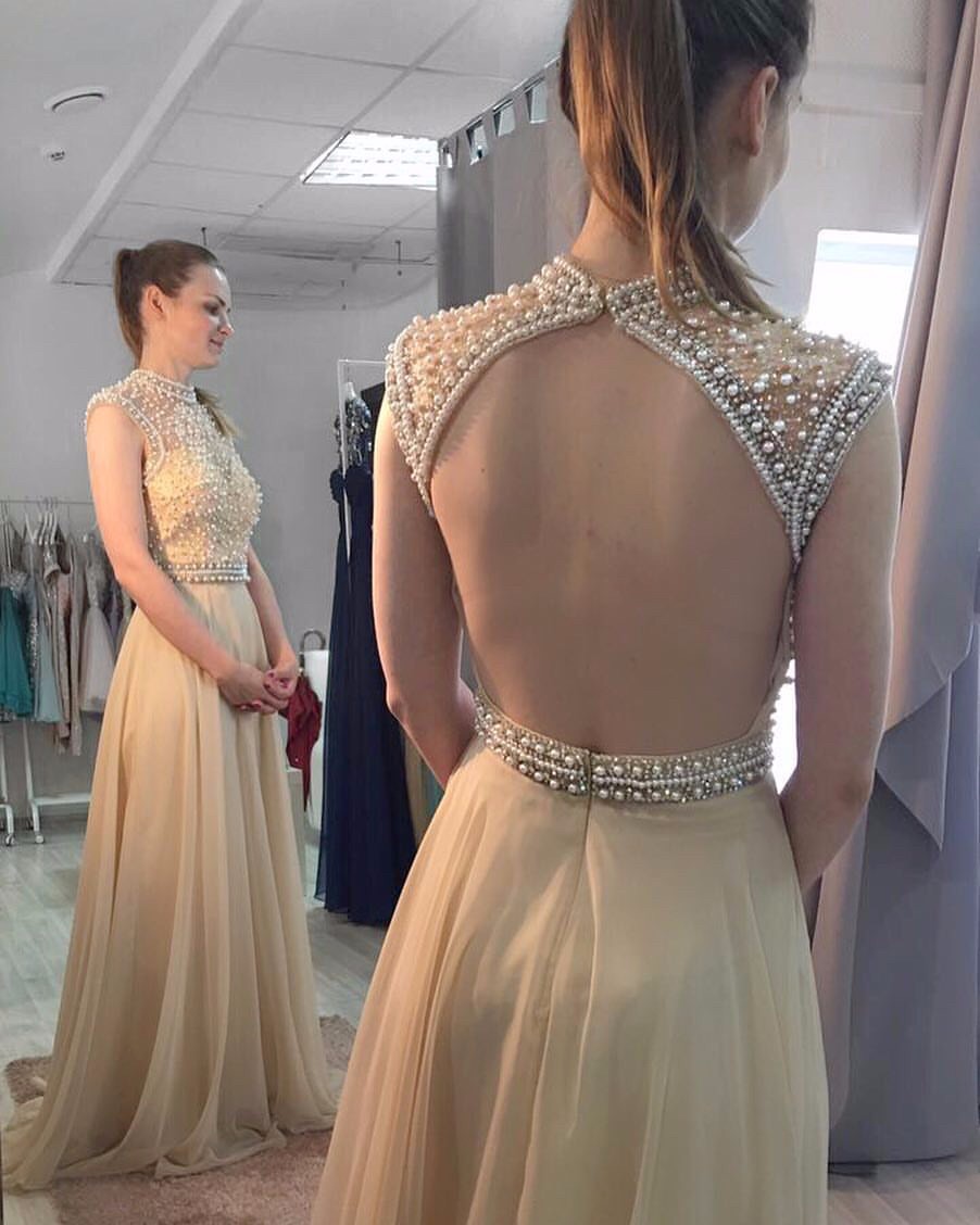 Ulass Prom Dresses 2017, Custom Made Prom Gowns, A Line High Neck Pearls Top Champagne Chiffon Prom Dress,open Back Long Evening Dresses