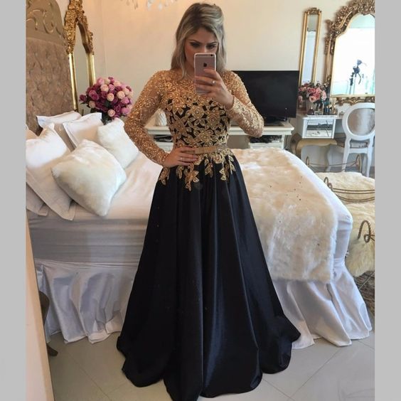 Ulass Back Long Party Dresses, Long Sleeve Black Prom Dresses With Gold Sequins, A Line Black Satin Pageant Prom Dresses