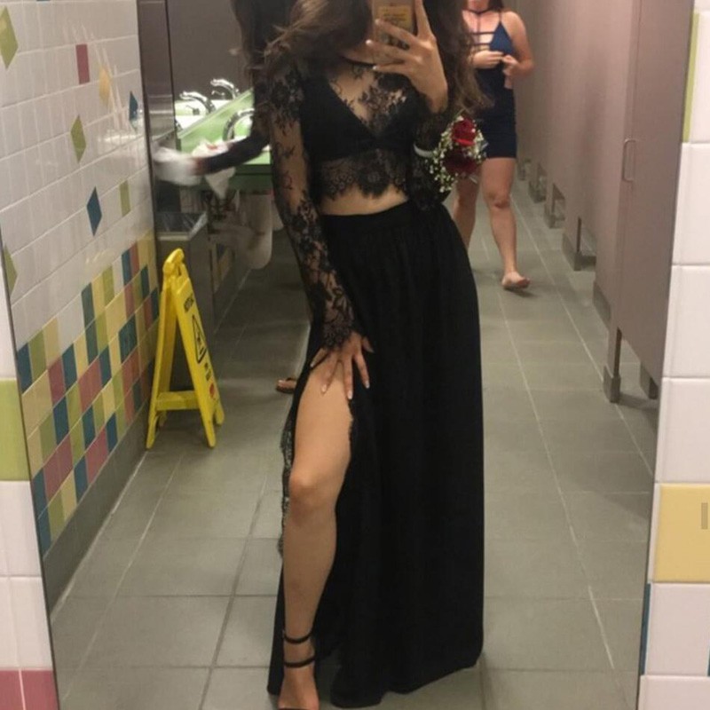 Ulass Sexy Black Lace Prom Dress Long Sleeve Two Pieces Party Dress A Line Split Side Chiffon Gala Dress
