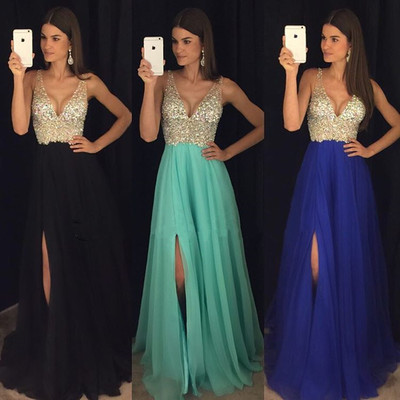 Ulass New Prom Dress,sparkly crystal beaded v neck open back long chiffon prom dresses 2017 evening gowns