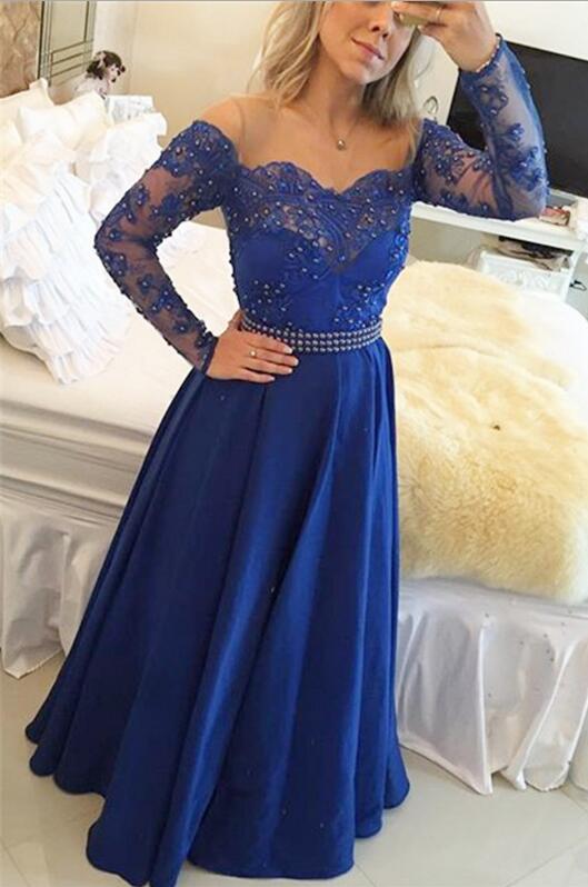 Ulass Beading Lace Evening Dress ,with Long Sleeves Royal Blue Prom Gowns, Modest Prom Dresses, Teens Formal Charming Prom Dress,lace Bridesmaid