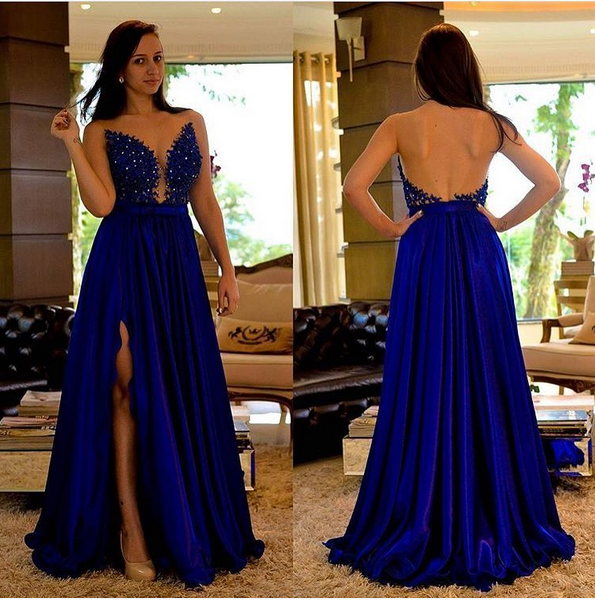 Ulass Sexy Backless Prom Dresses,royal Blue Lace Graduation Dresses,open Back Party Dress,royal Blue Lace Prom Gowns,royal Blue Slit Formal