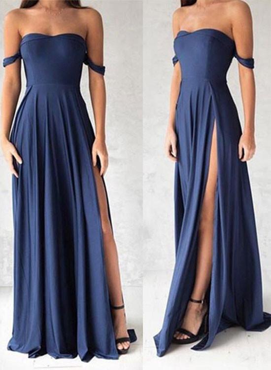 Ulass Navy Blue Shoulder Long Prom Dress, Evening Dresses,slit Bridesmaid Dresses,graduation Dress, Prom Dress