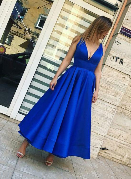 Ulass Simple Royal Blue V Neck Prom Dress, Tea Length Long Prom Dress, Blue Evening Dress, Prom Dress,a-line Prom Dresses