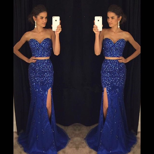 Ulass Romantic Royal Blue Two Piece Prom Dresses,beaded Prom Dresses,sweetheart Forml Evening Dresses,long Party Dresses