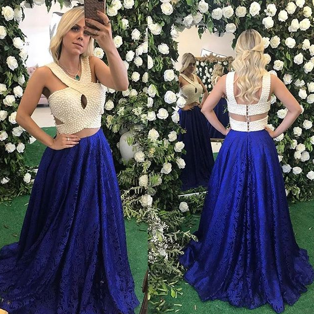 Ulass Sexy Sleeveless Halter Prom Dress With Pearls,royal Blue Lace Prom Dress,elegant Evening Dresses
