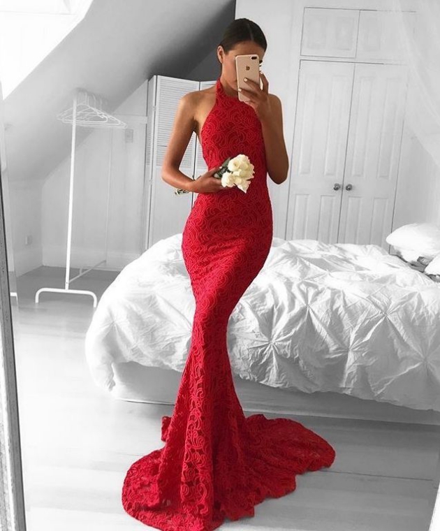 Ulass Sexy Evening Dresses,red Prom Gown,mermaid Formal Gown,high Quality Water Soluble Lace Prom Dress ,long Prom Dresses,red Halter Prom Dress