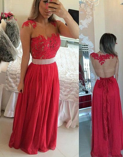 Ulass Sexy See Through Prom Dress Red Lace Prom Dress Beaded Pearls Belt Chiffon Long Prom Dresses Special Occasion Dresses