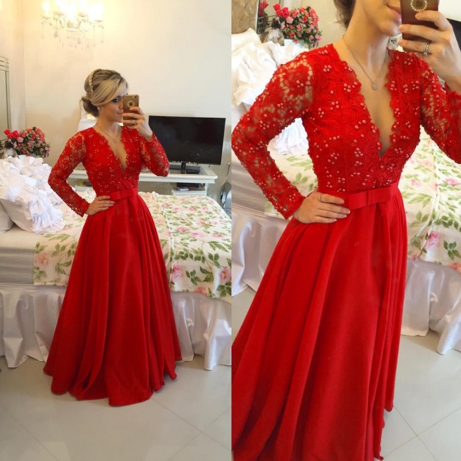 Ulass Sexy Women Beaded Formal Dresses Red Satin Evening Party Gonws With Plunge V Neckline And Long Sleeve