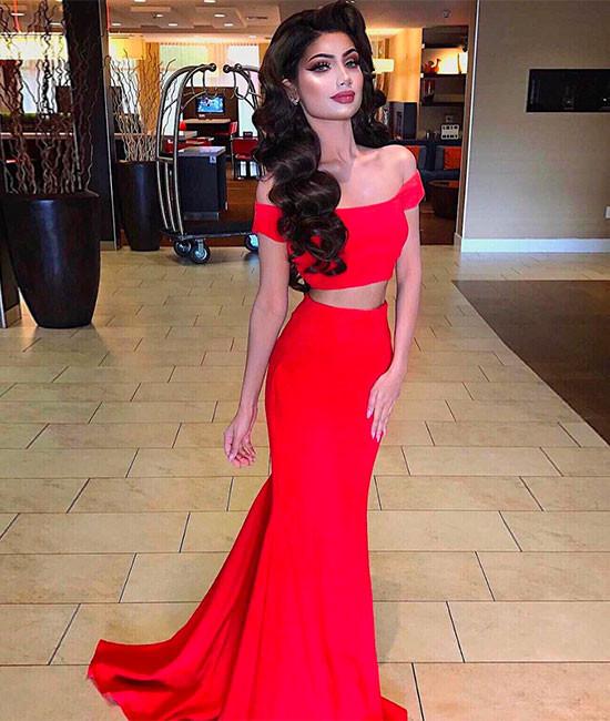 Ulass Simple Red Two Pieces Red Evening Prom Dress Satin Evening Formal Dress Prom Dresses