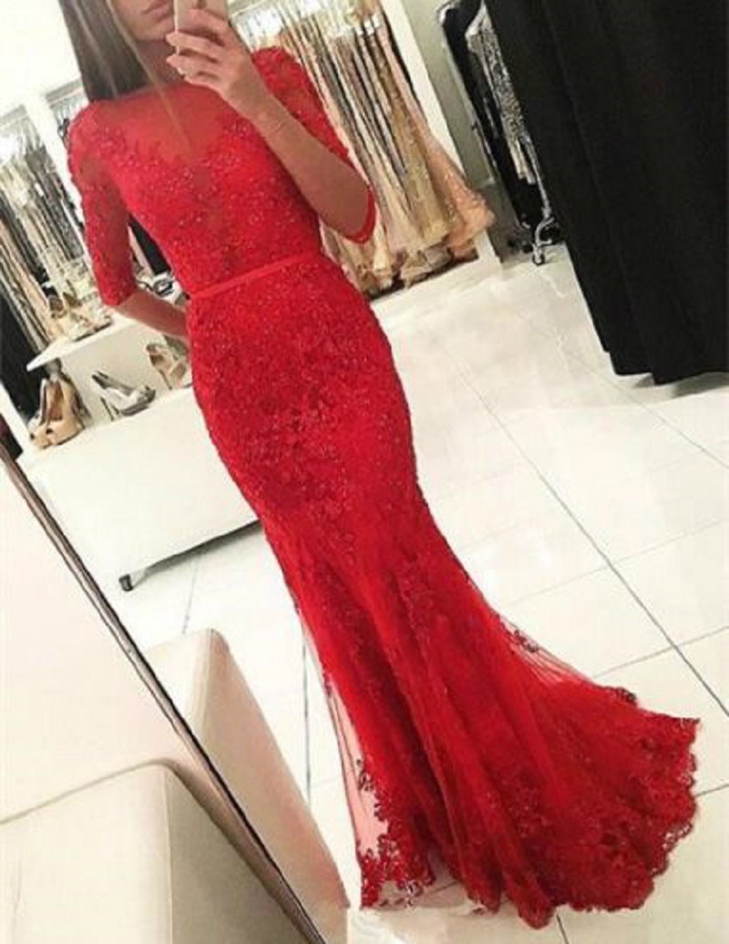 Ulass Mermaid Bateau Half Sleeves Backless Red Prom Dress with Beading Appliques