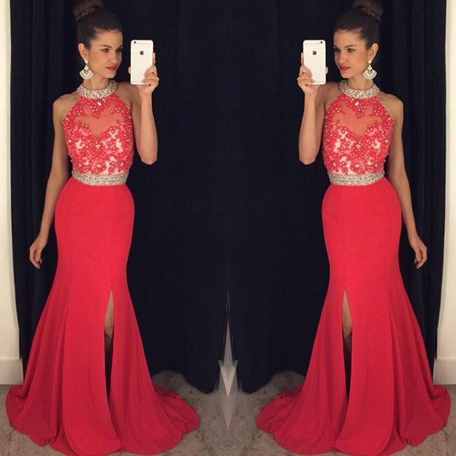 Ulass Sexy Prom Dresses,red Prom Dress,chiffon Evening Gown,long Formal Dress,beaded Prom Gowns,evening Dresses