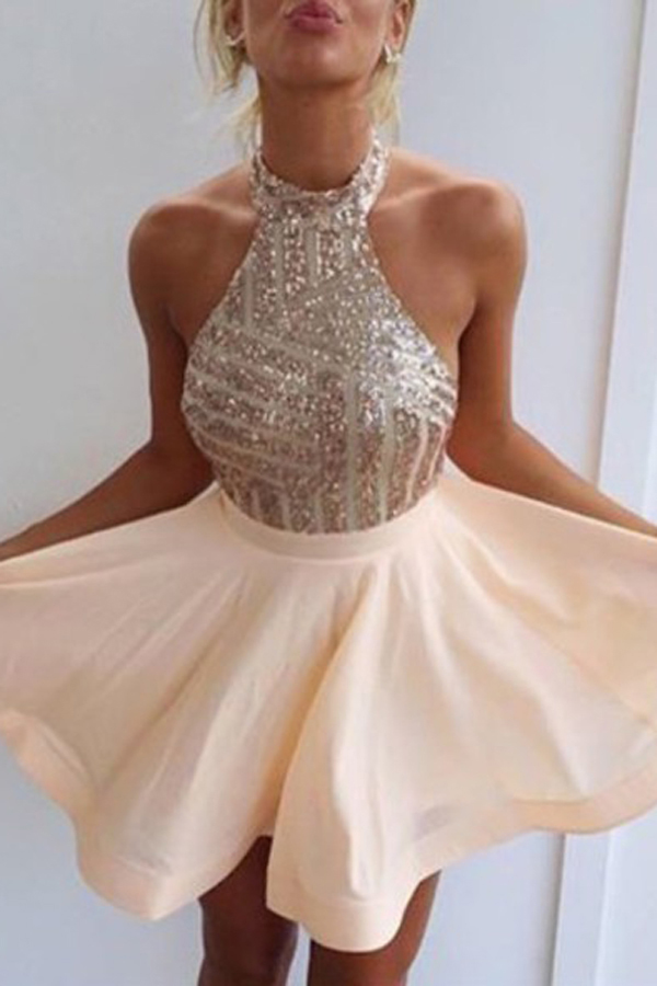 Ulass Fancy Halter Homecoming Dresses, Open Back Homecoming Dresses,short Homecoming Dress,short Prom Dress With Beading,mini Party Dresses