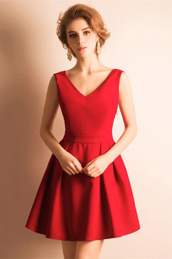 navy blue dress for baby girl Ulass A-line Homecoming Dress,v-neck Homecoming Dresses,red Homecoming  Dresses With Bowknot Pleats,s on Luulla