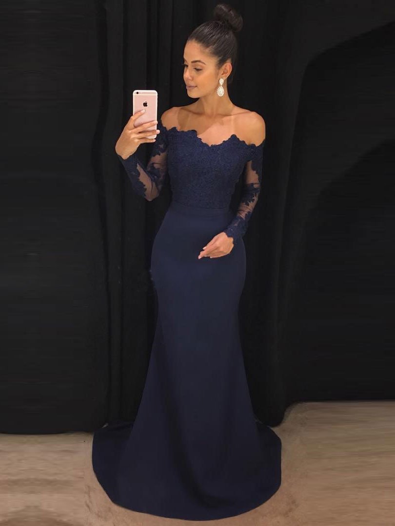 Ulass Off The Shoulder Navy Mermaid Prom Dresses with Long Sleeves,Sweep Train Lace Prom Dress