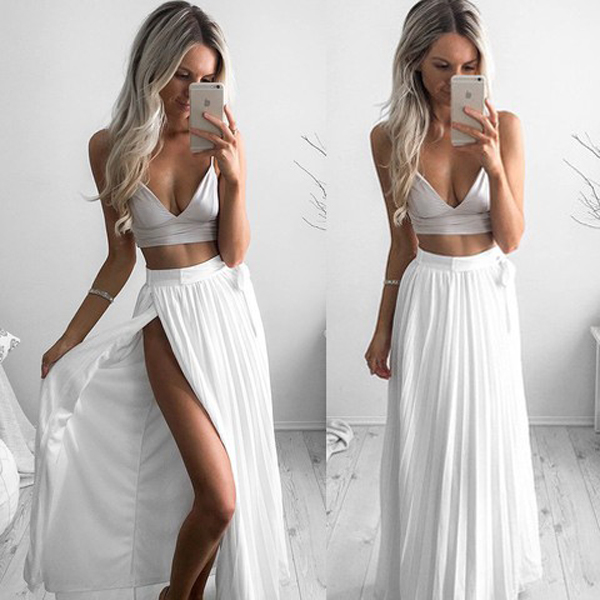 Simple Two Piece A-line Spaghetti Straps Split Front White Long Prom Dress