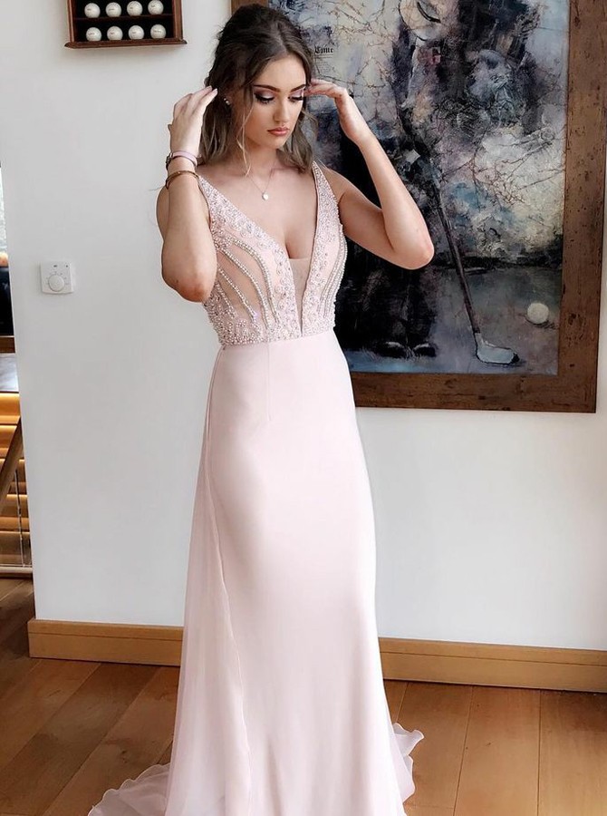 Gorgeous A-line Prom Dresses V-neck Sweep Train Evening Dress Pearl Pink Graduation Dress Chiffon Prom Dress With Beading