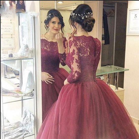 2018 Burgundy Evening Prom Dresses Lace Three Quarter Sleeve Ball Gown Prom Dress Elegant Long Vestido De Noiva