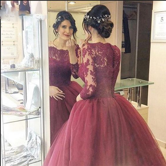 2018 Burgundy Evening Prom Dresses Lace Three Quarter Sleeve Ball