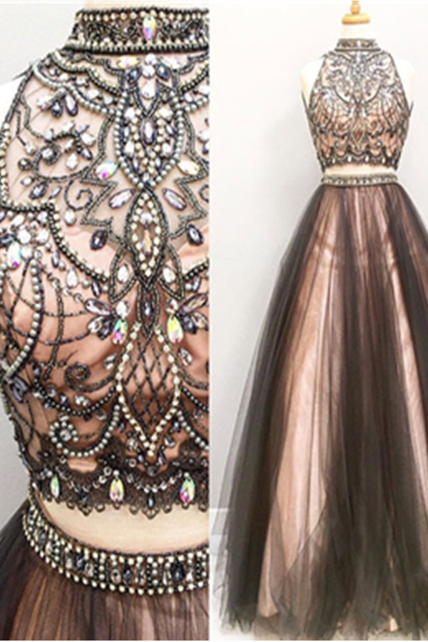 Two Pieces Prom Dresses,a-line Tulle Prom Gowns,halter Beading 2018 Evening Dresses,beautiful Party Dresses,cute Dresses