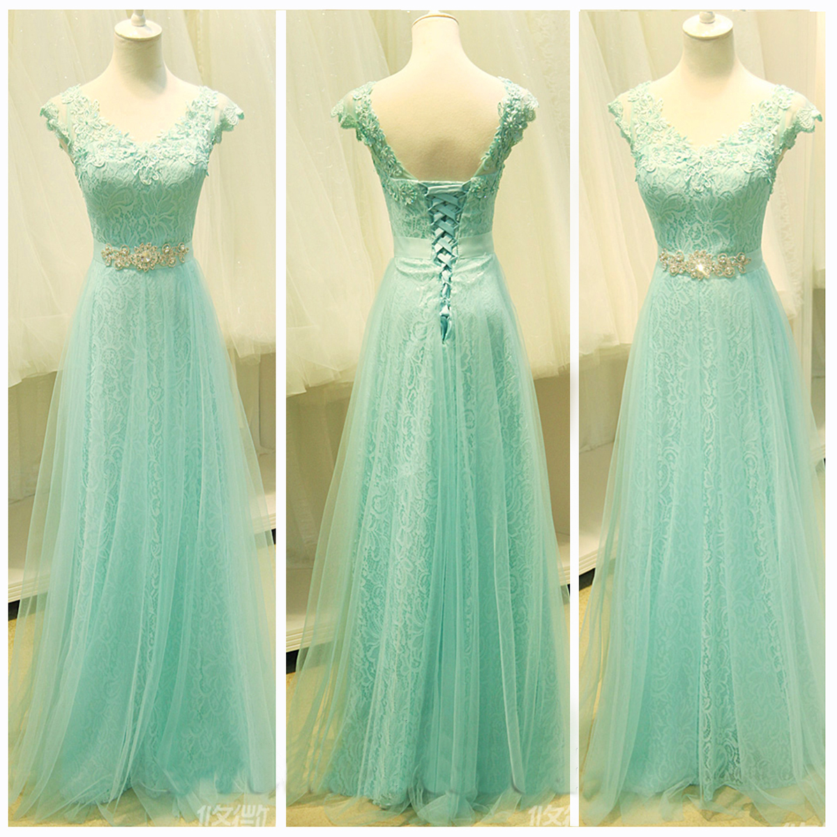 A Line V Neck Mint Green Lace Prom Dresses, Mint Green Lace Formal Evening  Dresses