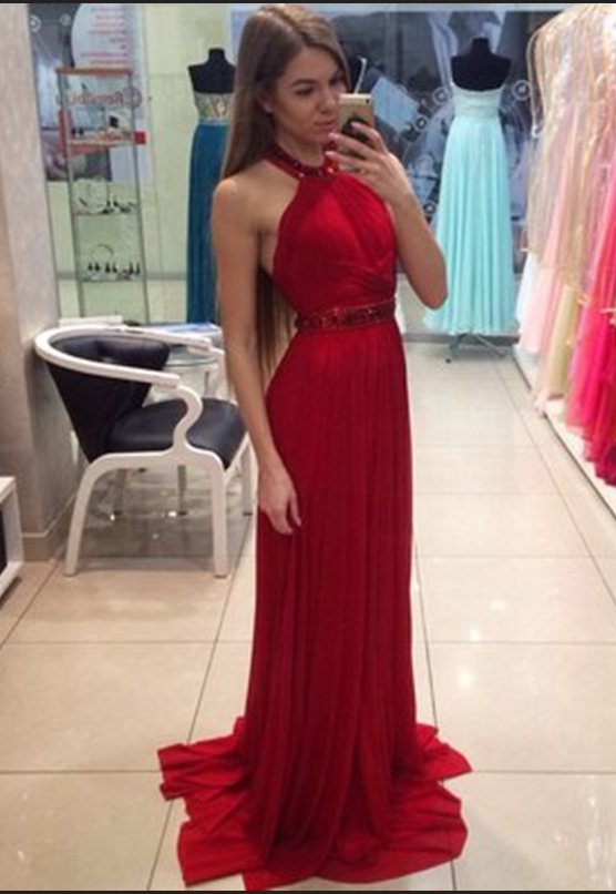 Halter Neck Crystal Red Prom Dresses,backless Sexy Long Prom Dresses,red Party Dresses, Evening Party Dresses