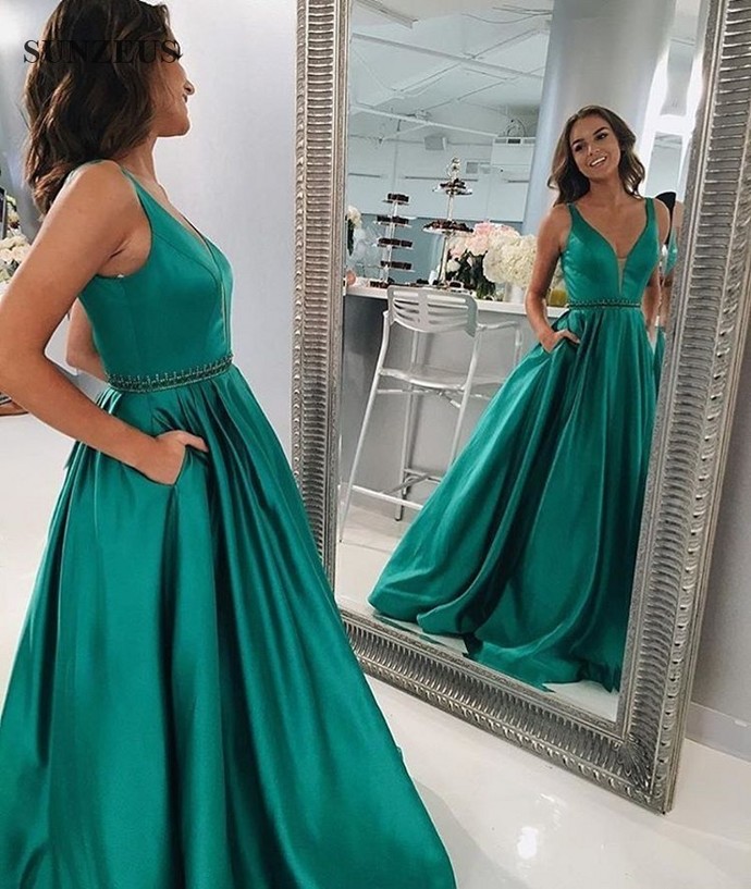 Green prom dress with pockets best sale