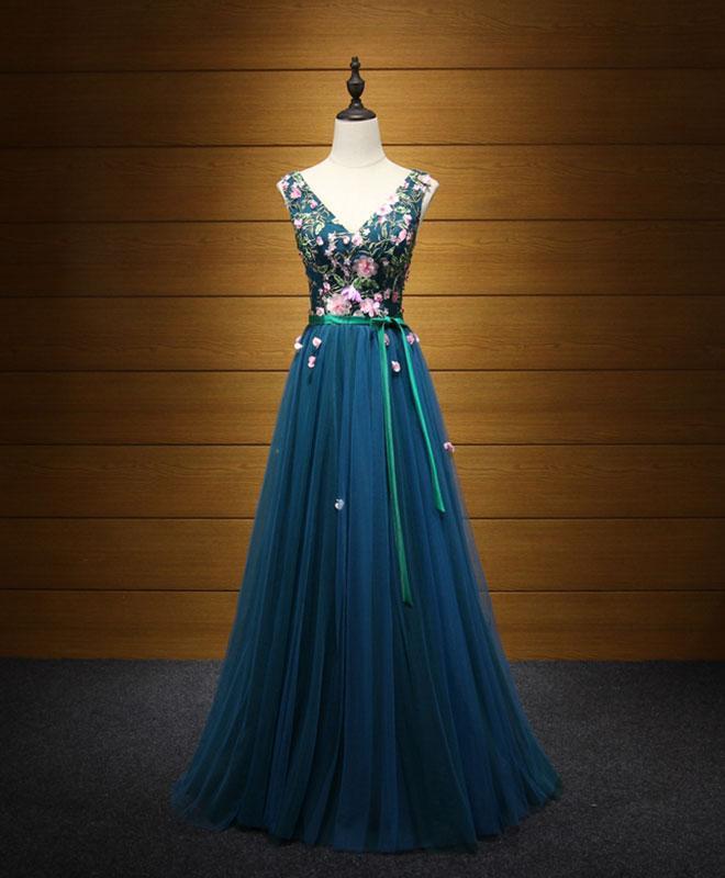 Elegant Blue V Neck Tulle Long Prom Dress, Evening Dress
