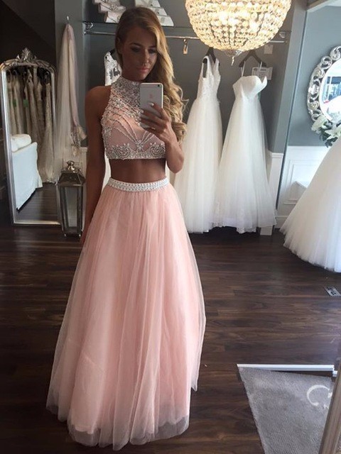 Pink 2 Piece Prom Dresses Long Beaded Girls Sparkly Graduation