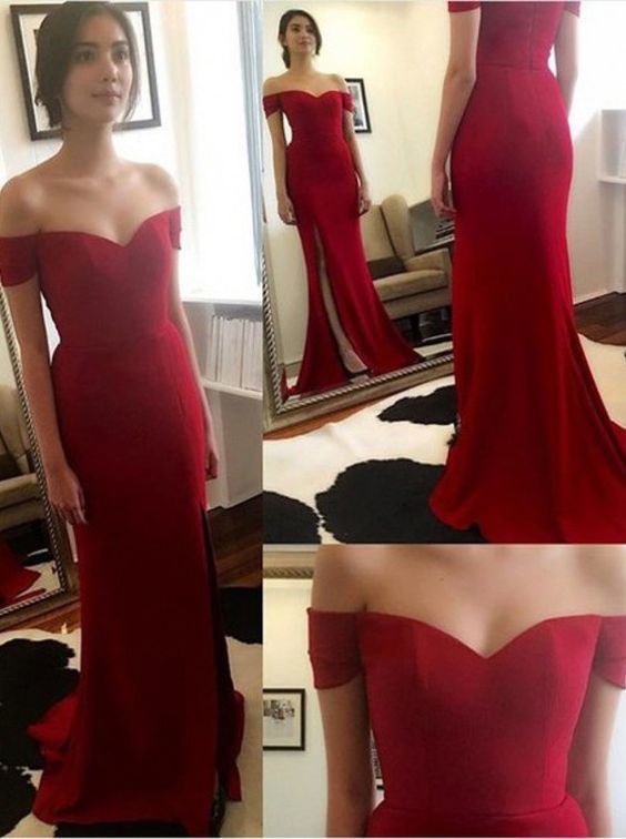 Sexy Slit Prom Dress,red Off Shoulder Party Dresses,sexy Red Evening Dresses,red Off Shoulder Formal Dresses,split Sexy Graduation Dresses