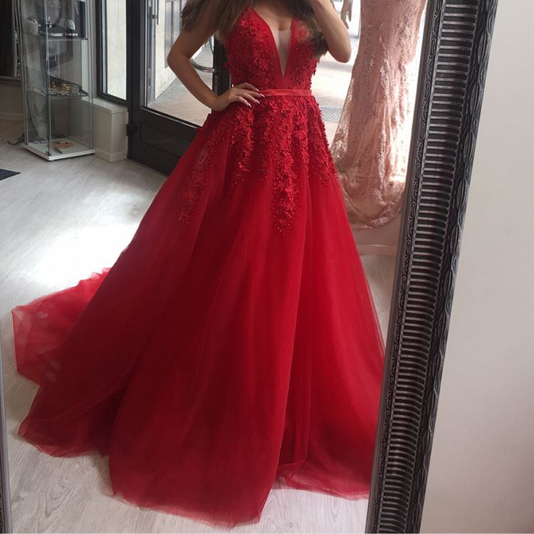 Red Tulle V-neckline Prom Dress 2018, Elegant Applique Party Dress, Formal Dress