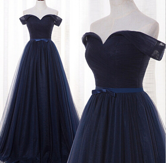 Beautiful Navy Blue Off Shoulder Tulle Long Prom Gowns, Off Shoulder Prom Dresses, Prom Dresses 2017