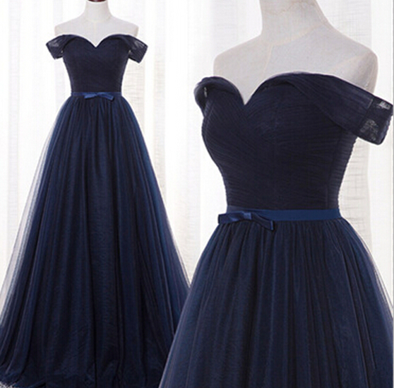 navy blue off shoulder prom dress